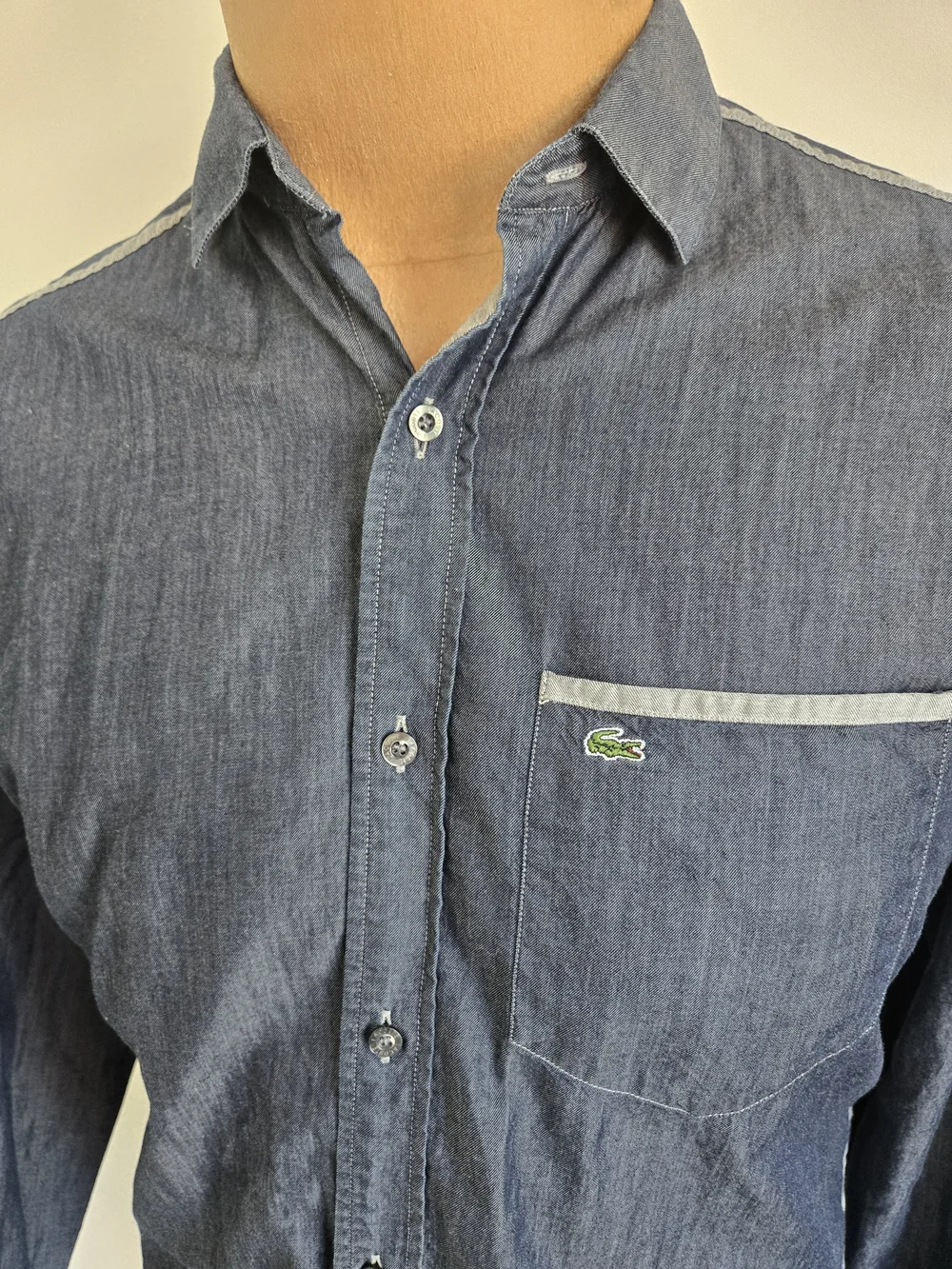 LACOSTE Dark Blue Chambray Button-Up Shirt - Picture 3 of 12